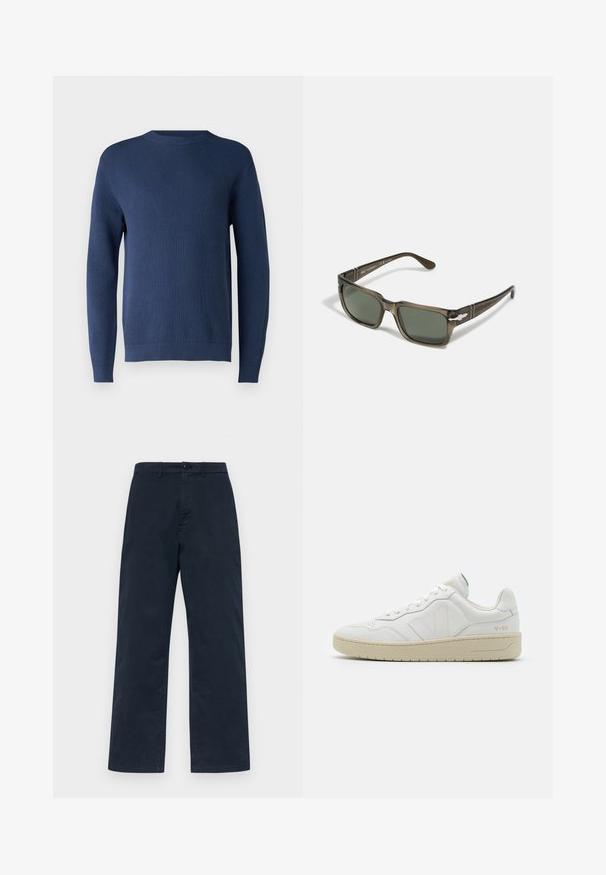 Mørkeblå strikket sweater med rund hals, lange ærmer, ribbede manchetter og kant. Stoffet har et tekstureret mønster.; Marineblå bomuldsbukser med lige ben design, med frontknaplukning og bæltestropper. Enkel, ensfarvet struktur uden mønstre.; Hvide lædersneakers med struktureret overflade og polstret krave. Har en beige gummisål og diskret branding på hælen og siden.; Brune rektangulære solbriller med mørkegrønne linser. Har mønstrede sorte stænger og metalliske detaljer på siderne. Letvægtig plastikramme.