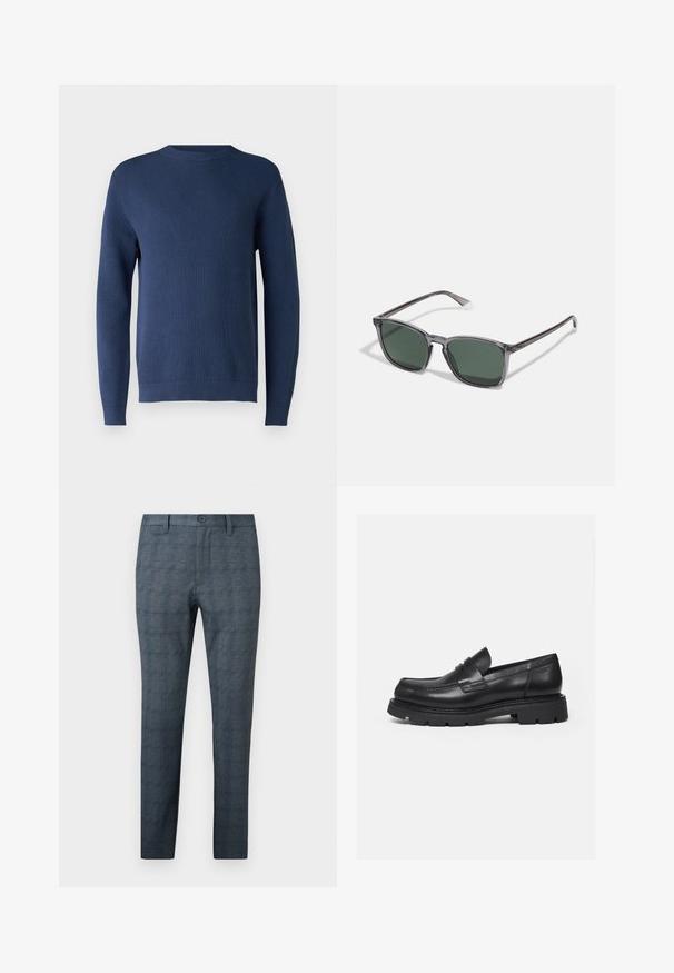 Mørkeblå strikket sweater med rund hals, lange ærmer, ribbede manchetter og kant. Stoffet har et tekstureret mønster.; Slim-fit herre-dressbukser i blågrå med et subtilt ternet mønster, frontknap, bæltestropper og et fladt frontdesign.; Sort læderloafer med tyk rillede sål og penny-remdetalje, vist i højre sideprofil på hvid baggrund.; Polaroid Solbriller - grey
