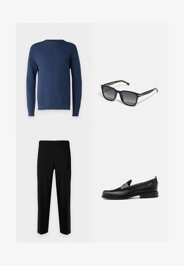 Mørkeblå strikket sweater med rund hals, lange ærmer, ribbede manchetter og kant. Stoffet har et tekstureret mønster.; Sorte bukser lavet af glat stof, med lige snit, to forlommer og lynlås med knaplukning.; Sort læderloafer med grå remdetalje, lav hæl og tekstureret sål, mærket med "HUGO" i guld på siden.; BOSS Solbriller - black