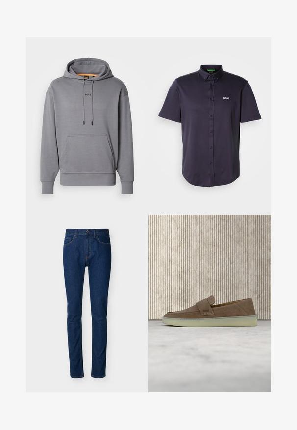 Sweatshirt à capuche gris avec poche frontale, cordons de serrage et logo "BOSS" centré sur la poitrine.; Polo à manches courtes, bleu marine foncé, en mélange de coton lisse, avec un col boutonné et un logo "BOSS" brodé sur la poitrine.; Jean en denim bleu foncé à coupe slim, design à cinq poches, coutures visibles et fermeture par bouton à la taille. Texture lisse.; Mocassin beige en daim sans lacets avec semelle en caoutchouc blanche et logo BOSS sur la sangle latérale, présenté sur un fond neutre uni.
