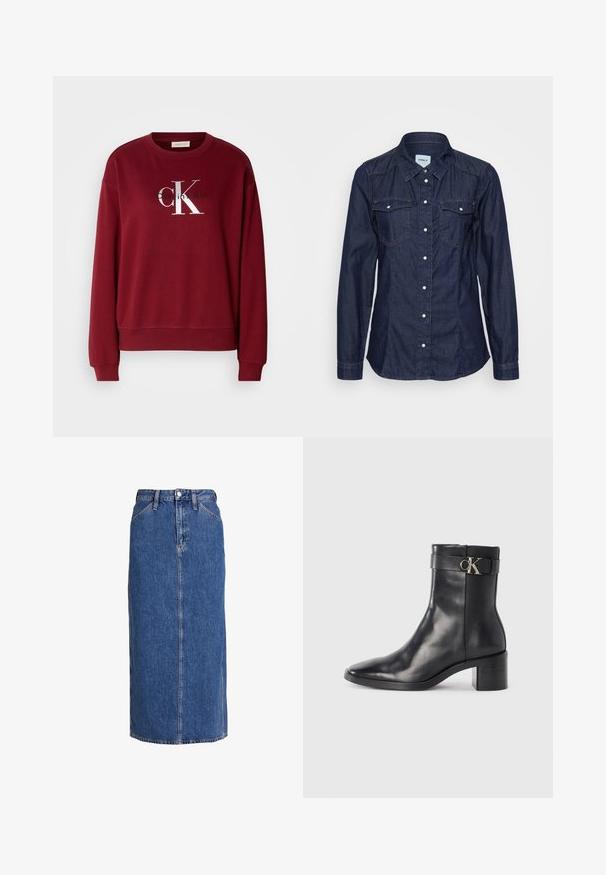 Bordeauxfarbener Sweatshirt mit Rundhalsausschnitt, langen Ärmeln und silbernem "Calvin Klein"-Logo. Weicher Stoff mit lockerer Passform und gerippten Bündchen.; Dunkelblaue Jeanshemd mit spitzem Kragen, langen Ärmeln, zwei Brusttaschen und weißen Knöpfen. Hat ein tailliertes Design und eine glatte Textur.; Denim-Midirock in Mittelblau mit geradem Schnitt, vorderem Knopfverschluss, zwei Seitentaschen und sichtbaren Nähten für Textur.; Schwarze Leder-Ankle Boots mit spitzem Zehenbereich, Blockabsatz und einem Riemen mit einem metallischen Logodetail. Glatte Textur und minimales Design.