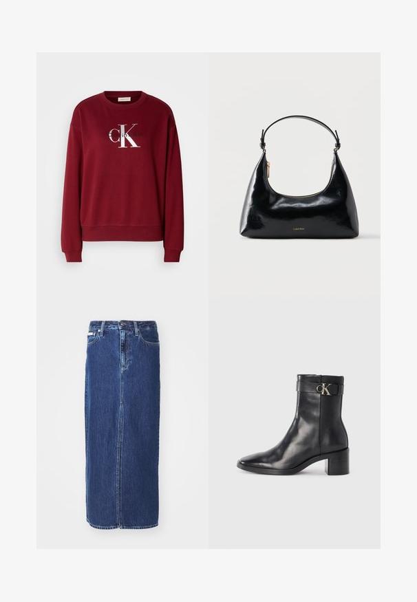 Bordeauxfarbener Sweatshirt mit Rundhalsausschnitt, langen Ärmeln und silbernem "Calvin Klein"-Logo. Weicher Stoff mit lockerer Passform und gerippten Bündchen.; Denimrock in Dunkelblau, knielang, mit einem vorderen Schlitz, traditionellem Bund und Fünf-Taschen-Design mit kontrastierenden Nähten.; Schwarze Leder-Ankle Boots mit spitzem Zehenbereich, Blockabsatz und einem Riemen mit einem metallischen Logodetail. Glatte Textur und minimales Design.; Schwarze, glänzende Calvin Klein Handtasche mit goldfarbenem Reißverschluss und kurzem Trageriemen vor schlichtem weißem Hintergrund.