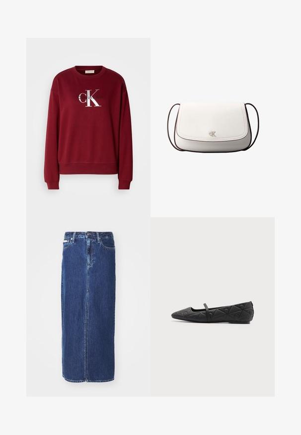 Burgundi värvi sweat-särk, millel on ümar kaelus, pikad varrukad ja hõbedane "Calvin Klein" logo. Pehme materjal, lõdva istuvuse ja soonikuvarrukatega.; Tume sinine teksaseelik, põlvepikkune, esiseeliku ja traditsioonilise vöökoha ning viie-tasku disainiga, kontrastsete õmblustega.; Mustad tikk-kirjutusega terava ninaga lamedad kingad ja õhuke rihm jala peal tasasel taustal.; Valge risti kehakott klapi sulgemisega, keskel väike hõbedane "cK" logo ning õhuke tumepruun reguleeritav rihm.