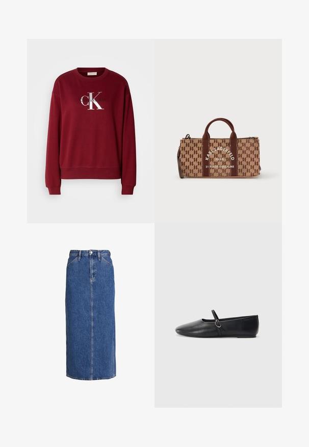 Bordeauxfarbener Sweatshirt mit Rundhalsausschnitt, langen Ärmeln und silbernem "Calvin Klein"-Logo. Weicher Stoff mit lockerer Passform und gerippten Bündchen.; Denim-Midirock in Mittelblau mit geradem Schnitt, vorderem Knopfverschluss, zwei Seitentaschen und sichtbaren Nähten für Textur.; Schwarze Leder-Ballettschuhe mit spitzem Schuhzeug, flacher Sohle und einem kleinen Riemen mit silberner Schnalle.; Canvas-Handtasche mit braunem Monogramm-Muster, ausgestattet mit doppelten Griffen und einem Reißverschluss. Akzentuiert mit weißem Text und dunkelbraunen Riemen.