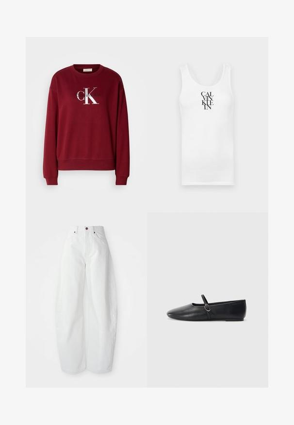 Bordeaux sweatshirt met een ronde hals, lange mouwen en een zilveren "Calvin Klein" logo. Zachte stof met een ontspannen pasvorm en geribbelde manchetten.; Witte tanktop met een ronde hals, gemaakt van katoen. Voorzien van verticale zwarte tekst "CALVINKLEIN" in een vette seriflettertype.; Hoge taille witte spijkerbroek met een losse pasvorm. Voorzien van een knoopsluiting, zijzakken en een minimalistisch ontwerp. Glad textuur.; Zwarte leren balletschoenen met een spitse neus, platte zool en een kleine strap met een zilveren gespsluiting.