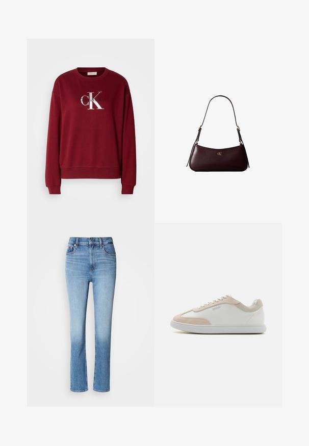 Bordeauxfarbener Sweatshirt mit Rundhalsausschnitt, langen Ärmeln und silbernem "Calvin Klein"-Logo. Weicher Stoff mit lockerer Passform und gerippten Bündchen.; Blaue Jeans aus Denim mit hoher Taille, gerader Beinführung, verblasstem Farbverlauf und fünf Taschen. Metallknopf- und Reißverschluss.; Weiße Ledersneaker mit beigen Wildleder-Akzenten und weißen Schnürsenkeln. Sie verfügen über eine runde Zehenform und eine gepolsterte Sohle für zusätzlichen Komfort.; Dunkelburgunderfarbene Lederhandtasche mit schmalem schwarzem Schulterriemen und kleinem goldenem "cK" Logo vorne in der Mitte.