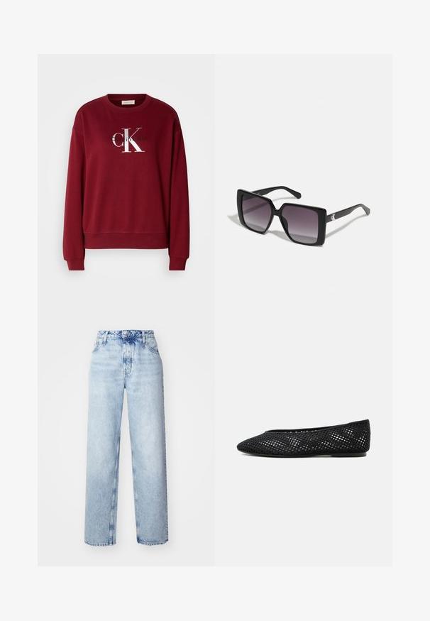 Bordeauxfarbener Sweatshirt mit Rundhalsausschnitt, langen Ärmeln und silbernem "Calvin Klein"-Logo. Weicher Stoff mit lockerer Passform und gerippten Bündchen.; Hellblaue High-Waist-Jeans mit lockerer Passform, geradem Bein, fünf Taschen und klassischem Knopf- und Reißverschluss.; Schwarzer Mesh-Flachschuh mit geschlossener Spitze und niedrigem Absatz, mit atmungsaktivem gewebtem Design und dezentem seitlichem Logo.; Schwarze quadratische Sonnenbrillen mit grauen Verlaufslinsen. Glänzende Rahmen mit klaren Linien. Silbernes Logo-Detail an den Schläfen.