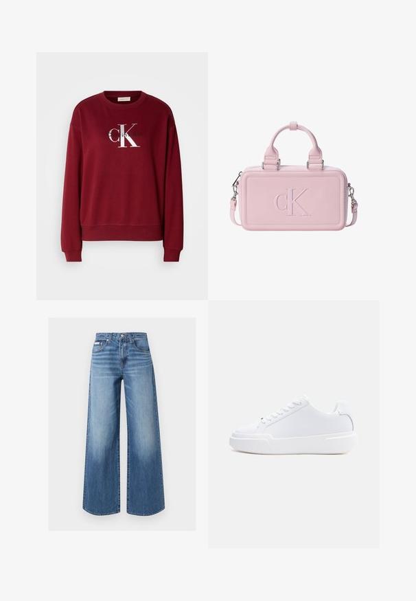 Bordeaux sweatshirt met een ronde hals, lange mouwen en een zilveren "Calvin Klein" logo. Zachte stof met een ontspannen pasvorm en geribbelde manchetten.; Blauwe wijde denim jeans met vooraan een knoop en rits, vijfzakkenmodel en subtiele vervaagde details op de dijen en knieën.; Witte lage sneaker met vetersluiting, dikke zool en glad bovenwerk, gezien vanaf de buitenkant tegen een effen lichte achtergrond.; Rechthoekige lichtroze handtas met korte handvatten en een afneembare riem, bedrukt met een groot "cK" logo op het voorpaneel.