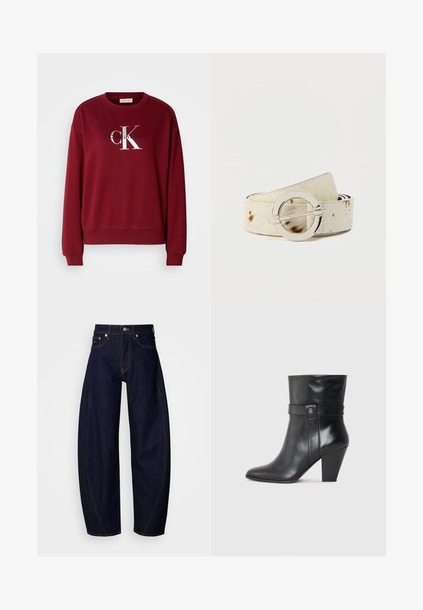 Bordeauxfarbener Sweatshirt mit Rundhalsausschnitt, langen Ärmeln und silbernem "Calvin Klein"-Logo. Weicher Stoff mit lockerer Passform und gerippten Bündchen.; Dunkelblaue Jeans aus Denim mit weitem Schnitt, hoher Taille, orangener Naht, klassischem Fünf-Taschen-Design und Knopfverschluss.; Tommy Hilfiger High Heel Stiefelette - black; Weißer Gürtel aus strukturiertem Haarleder mit braunen Flecken. Verfügt über eine runde silberfarbene Schnalle und eine schwarze Innenfutter.