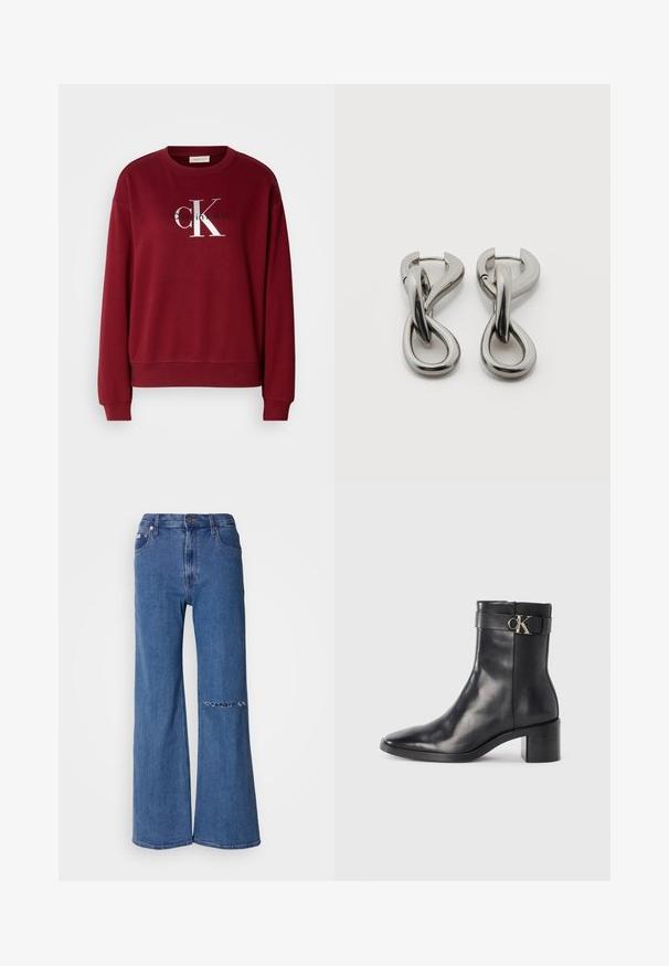 Bordeauxfarbener Sweatshirt mit Rundhalsausschnitt, langen Ärmeln und silbernem "Calvin Klein"-Logo. Weicher Stoff mit lockerer Passform und gerippten Bündchen.; Weite Jeans in mittlerem blauen Denim, mit hoher Taille, vorderen Taschen und einem ausgefransten Patchdetail am linken Knie.; Schwarze Leder-Ankle Boots mit spitzem Zehenbereich, Blockabsatz und einem Riemen mit einem metallischen Logodetail. Glatte Textur und minimales Design.; Paar silberfarbene Metallohrringe mit abstraktem ineinandergreifendem Schlaufen-Design auf weißem Hintergrund.