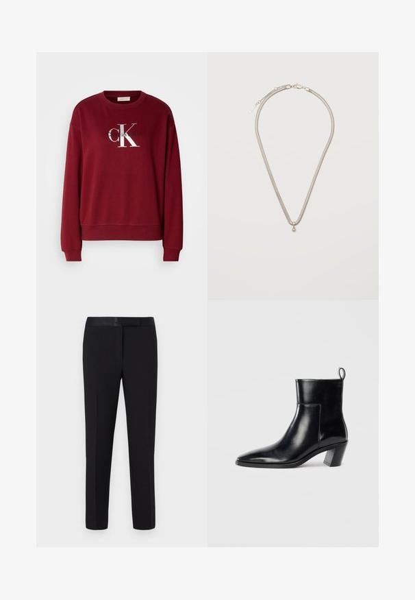 Bordeauxfarbener Sweatshirt mit Rundhalsausschnitt, langen Ärmeln und silbernem "Calvin Klein"-Logo. Weicher Stoff mit lockerer Passform und gerippten Bündchen.; Schwarze Hose mit glatter Textur, geradem Schnitt und satiniertem Bund. Verfügt über minimale Details und keine sichtbaren Muster oder Akzente.; Schwarze Leder-Ankleboots mit spitzem Zeh, geometrischem Blockabsatz und einem Zugband hinten. Glatte Textur und elegantes Design.; Dünne silberne Halskette mit kleinem rundem Silberanhänger, gesichert durch einen Karabinerverschluss vor schlichtem weißem Hintergrund.