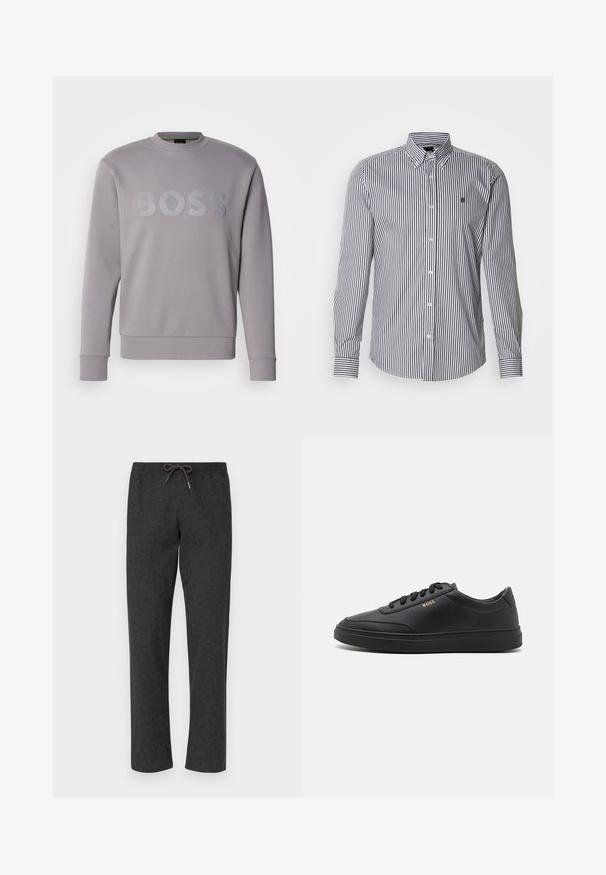 Sweat-shirt gris avec un col rond, des manches longues et un logo "BOSS" embossé sur la poitrine ; fabriqué en tissu doux avec des poignets et un ourlet côtelés.; Chemise à manches longues rayée bleu marine et blanche, avec col boutonné, fermeture à boutons sur le devant et détail de logo sur la poitrine.; Pantalons en tissu doux de couleur gris foncé avec une taille élastique et un cordon de serrage. Design à jambe droite, sans poches, texture lisse et construction simple.; Baskets en cuir noir avec une texture lisse, bout rond, semelle en caoutchouc plate et lacets ton sur ton. Présente une marque "BOSS" dorée sur le côté.