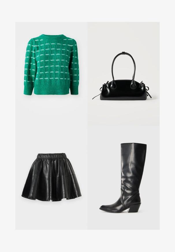 Suéter verde de punto que presenta un patrón geométrico calado, cuello y dobladillo acanalados, y mangas abullonadas. Acentos a rayas en blanco.; Falda acampanada de cuero sintético negro con cintura elástica y costuras visibles sobre un fondo blanco liso.; Bota de cuero negra hasta la rodilla con punta afilada, tacón angular y textura suave. Presenta un sutil acento de costura a lo largo del costado.; Pequeño bolso negro brillante con dos asas largas y detalles de cordón lateral sobre un fondo claro liso.