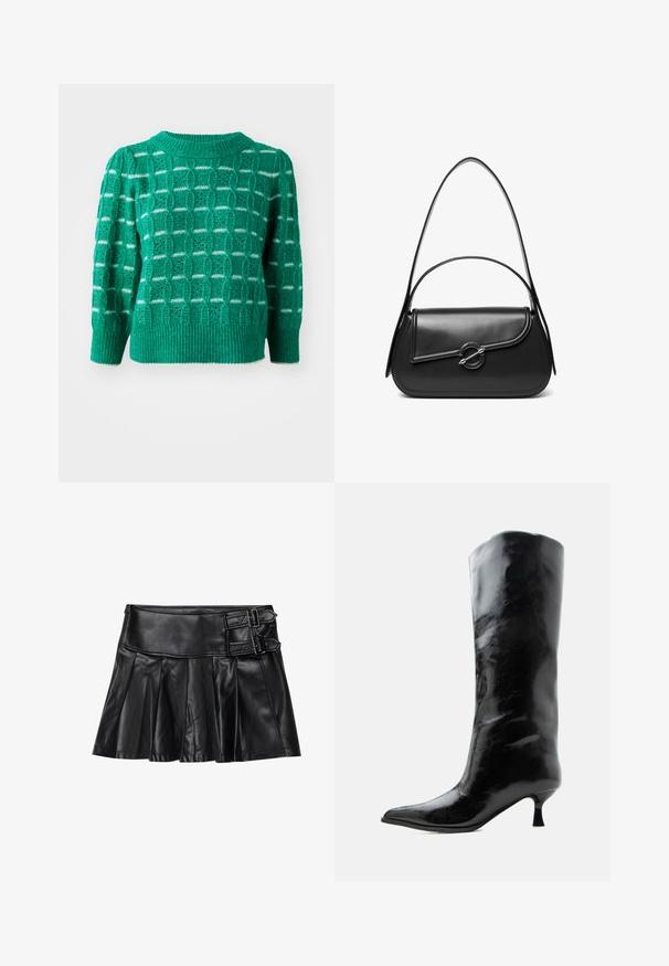 Suéter verde de punto que presenta un patrón geométrico calado, cuello y dobladillo acanalados, y mangas abullonadas. Acentos a rayas en blanco.; Falda de cuero negro con pliegues, cinturilla ancha y dos hebillas en el lateral. Textura suave con un acabado brillante.; Bota negra de cuero brillante hasta la rodilla con punta puntiaguda y tacón bajo curvado sobre un fondo claro y liso.; Bolso de hombro de cuero negro con una solapa curva asegurada por un broche metálico redondo y una correa delgada y ajustable.