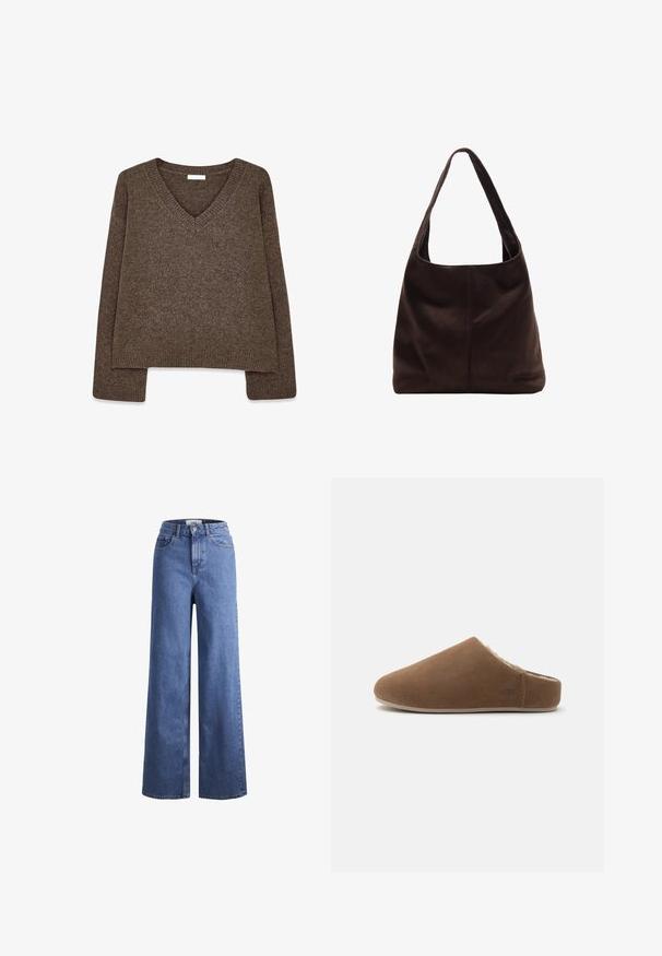 Brun strikket sweater med V-hals, langeærmer, let cropped design og ribbet kant. Blød tekstur med en glat finish.; Lyseblå denim brede bukser med høj talje, to frontlommer og synlige stikninger. Har en knap- og lynlåslukning.; Brun ruskind slip-on tøfler med blødt fores med lammeskind og flad sål, designet til indendørs komfort.; Brun ruskind skuldertaske med et bredt, fladt håndtag. Blød, ustruktureret design med en central søm. Ingen synlig hardware eller udsmykninger.