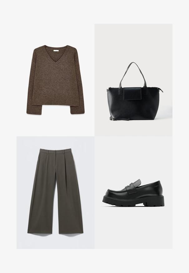 Brun strikket sweater med V-hals, langeærmer, let cropped design og ribbet kant. Blød tekstur med en glat finish.; Bukser med brede ben i mørke olivengrønne med bæltestropper, forreste læg, sidelommer og lukning med lynlås.; Sorte læder loafers med en chunky tekstureret sål, der har en rem over vamps og en glat, poleret finish.; Sort lædertaske med to håndtag, en aftagelig rem, magnetisk flaplukning og en glat overflade. Lynlåslukning øverst og dekorative syninger.