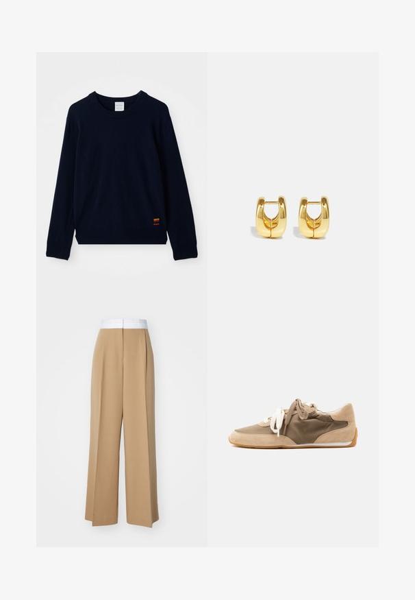Pull à col ras du cou à manches longues bleu marine avec des poignets et un ourlet côtelés, présentant un petit patch à rayures multicolores près du bas.; Pantalons à jambes larges en tissu brun clair avec une taille blanche contrastante. Présente des lignes épurées et sans motifs ou embellissements visibles.; Une basket beige et marron clair unique avec des lacets blancs et beiges et une semelle gomme, vue de côté sur un fond blanc uni.; Boucles d'oreilles en or avec un design élégant et arrondi. Présentent un centre creux et une surface brillante, complétant les styles modernes.