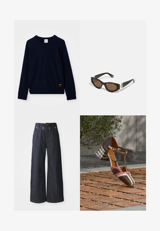 Marineblauwe langarm crewneck sweater met geribde manchetten en zoom, voorzien van een klein patch met meerkleurige strepen nabij de onderkant.; Wijde jeans van donkerdenim, met een hoge taille, dubbele knoopsluiting en contrasterende stiksels langs de naden.; Bruine en roze sandaal met hak, met een textuur bovenwerk, T-band en een blokhak met geometrisch patroon. Leren materiaal, gespaccent.; CHLOÉ Zonnebril - havana-brown