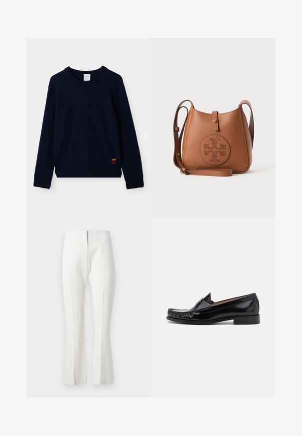 Marineblå langærmet crewneck sweater med ribbet manchetter og kant, prydet med en lille flerfarvet stribet applikation nær bunden.; Hvide skræddersyede bukser med en udvidet bund, der har en flad front, ingen lommer og en glat stofstruktur.; Sorte læder moccasin sko med en skinnende finish, der har frynsedetaljer langs fronten og en lav stabelhælk.; Brun læder crossbody taske med justerbar rem og perforeret cirkellogo på fronten, sat mod en ensartet lys baggrund.