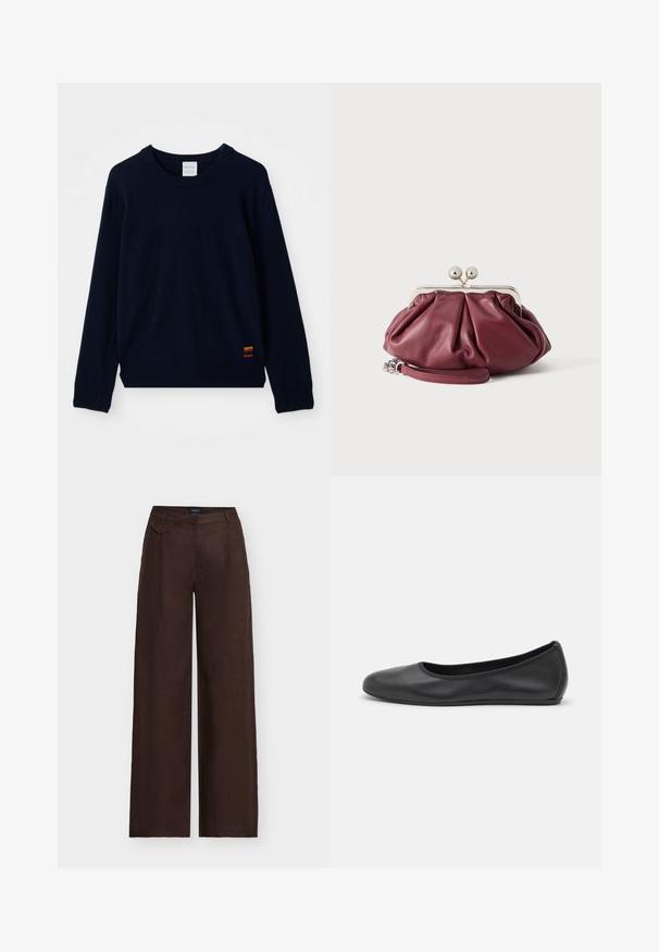 Marineblauwe langarm crewneck sweater met geribde manchetten en zoom, voorzien van een klein patch met meerkleurige strepen nabij de onderkant.; Donkerbruine wijde broek met hoge taille en een klein decoratief klepzakje aan de rechter voorzijde van de tailleband.; Zwarte leren ballerina met een ronde neus, gladde textuur, minimale stikdetails en een flexibele zoolontwerp.; Kleine bordeauxrode leren clutch met zilveren metalen gesp en polsriem op een witte achtergrond.