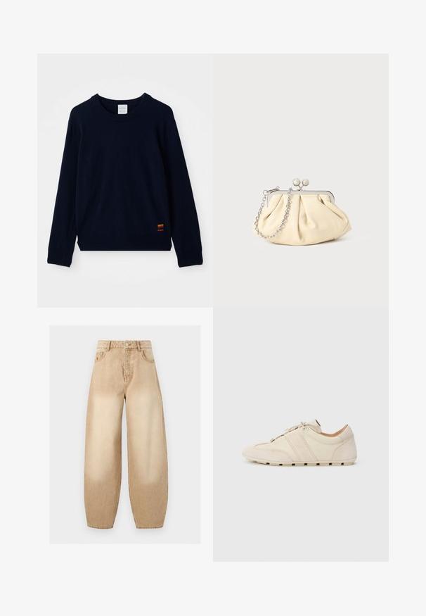 Marineblauwe langarm crewneck sweater met geribde manchetten en zoom, voorzien van een klein patch met meerkleurige strepen nabij de onderkant.; Beige jeans met hoge taille en wijde pijpen, met voorzakken, ceintuurlussen, een knoop en zichtbare stikseldetails.; Sneakers met een bovenwerk van crème leer en suède, voorzien van twee horizontale beige strepen en een rubberen zool, een afgeronde neus en vetersluiting.; Geplooide beige leren clutch met een zilveren metalen frame, voorzien van twee ronde decoratieve sluitingen en een zilveren kettingriem.