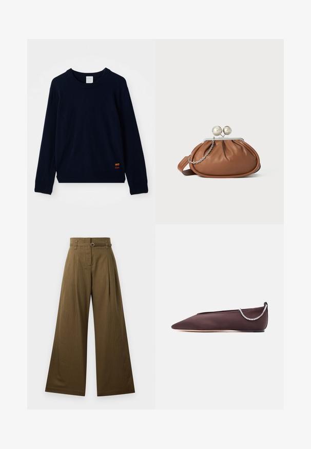 Marineblauwe langarm crewneck sweater met geribde manchetten en zoom, voorzien van een klein patch met meerkleurige strepen nabij de onderkant.; Brede broek in olijfgroene stof, met een hoge taille, voorplooien en een zilveren ronde riemgesp. Soepele textuur.; Donkerbruine platte schoen met puntige neus, lage hak en een zilveren rijglin met strassteentjes aan de achterkant.; Bruine leren clutch met een zilveren balsluiting en een klein zilveren kettingdetail op een witte achtergrond.