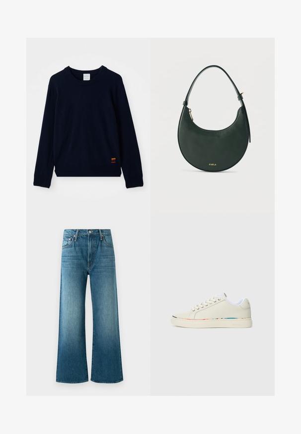 Marineblauwe langarm crewneck sweater met geribde manchetten en zoom, voorzien van een klein patch met meerkleurige strepen nabij de onderkant.; Blauwe denim wijde jeans met vervaagde details, voorzakken, riemlussen en een knoopsluiting.; Off-white laag-top sneaker met vetersluiting, witte binnenvoering en subtiele multicolor rand langs de zool, zijaanzicht.; Donkergroene lederen handtas in halve maanvorm met korte riem en gouden rits, met een klein goudkleurig "FURLA" logo middenvoor.