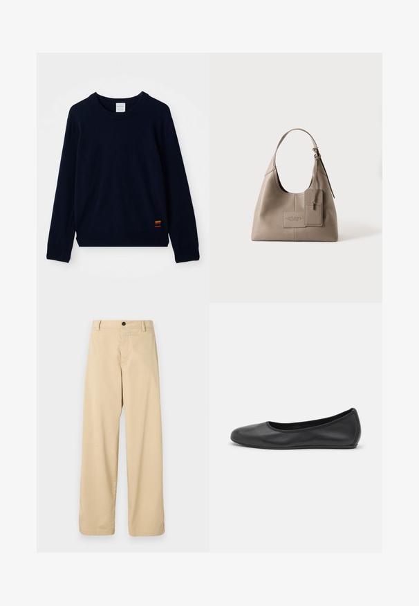 Marineblå langærmet crewneck sweater med ribbet manchetter og kant, prydet med en lille flerfarvet stribet applikation nær bunden.; Beige bomuldsbukser med lige bendesign, der har en frontlynlås, en enkelt sort knap og to sidelommer.; Sort læderballetsko med rund tå, glat tekstur, minimal syning og et fleksibelt såldesign.; Taupe læderhåndtaske med en enkelt rem, rektangulært mærkat fastgjort og prægede bogstaver midt på forsiden mod en ensfarvet baggrund.