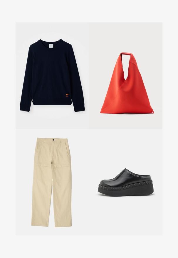 Marineblå langærmet crewneck sweater med ribbet manchetter og kant, prydet med en lille flerfarvet stribet applikation nær bunden.; Beige vidde bukser lavet af bomuld. Har to forlommer, to baglommer og en enkelt knaplukning i livet.; Sorte blanke klodser med platform, rund tå, buet overdelen og kontrasterende hvid sting langs kanten af sålen.; Rød trekantet stofindkøbstaske med top håndtag og synlige sømdetaljer, stående oprejst mod en lysegrå baggrund.