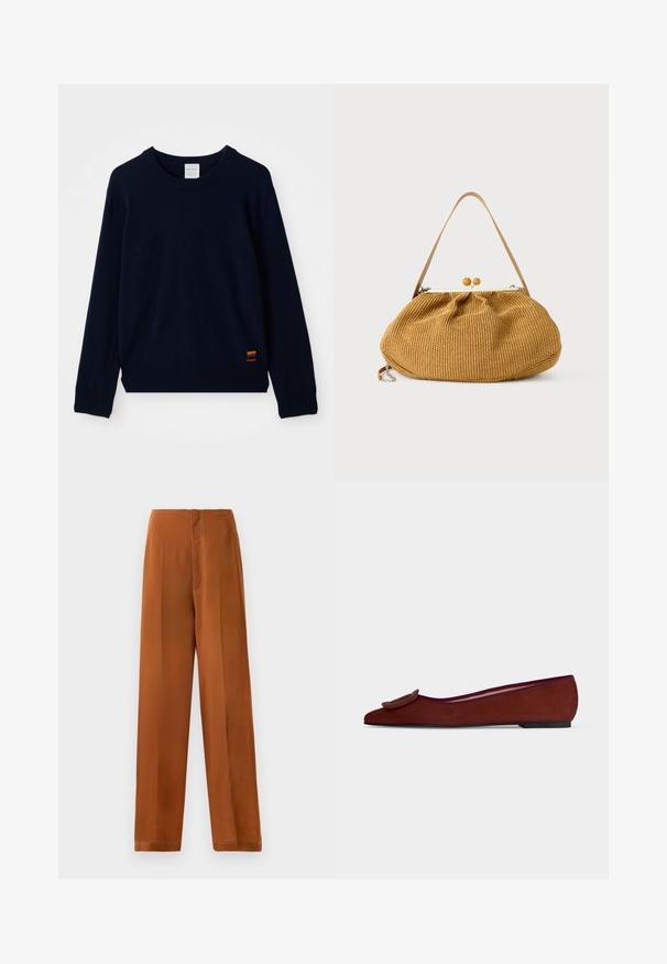 Marineblå langærmet crewneck sweater med ribbet manchetter og kant, prydet med en lille flerfarvet stribet applikation nær bunden.; Viddebukser i en varm brun farve med en glat tekstur, høj talje og kontrasterende hvid syning langs sømmene.; Flad brun ruskind damesko med spids tå og stor dekorativ spænde på toppen mod ensfarvet baggrund.; Brun flet håndtaske med en rundet krop, lukning med træknap og en enkelt tynd skulderrem af læder.