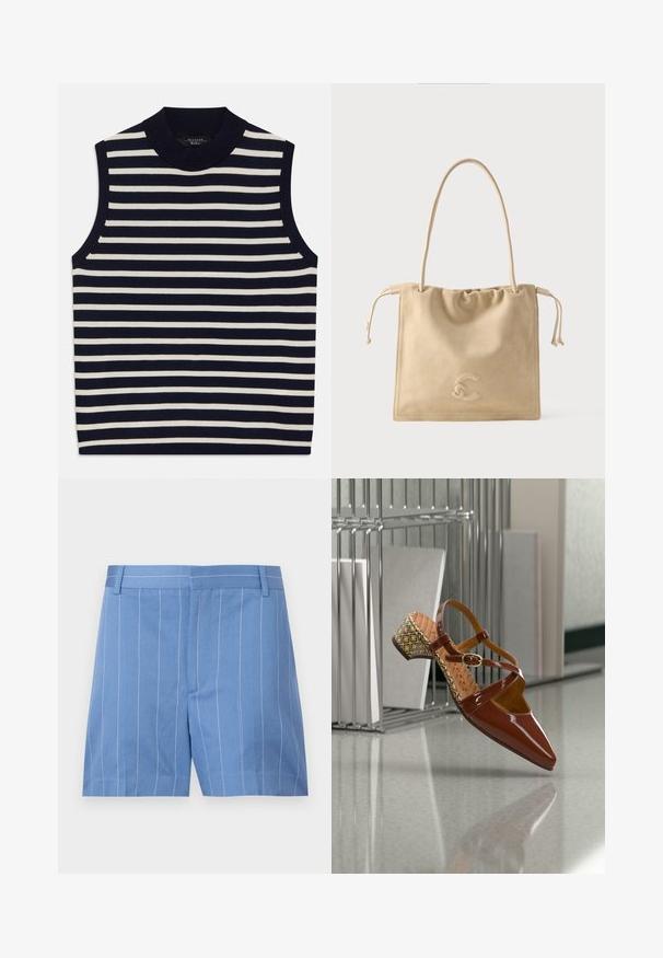 Top sans manches avec des rayures verticales navy et crème, encolure ronde côtelée, matériau en tricot doux, bords nets et design moderne.; Shorts bleu clair avec des rayures verticales blanches, présentant une texture lisse, un devant plat et une taille standard avec des passants de ceinture.; Chaussure slingback en cuir verni marron brillant avec un bout pointu, des brides croisées et un talon bloc à motif avec des accents géométriques.; Sac fourre-tout en daim beige avec des côtés à cordon, une seule longue anse et un logo discrètement embossé au centre avant.