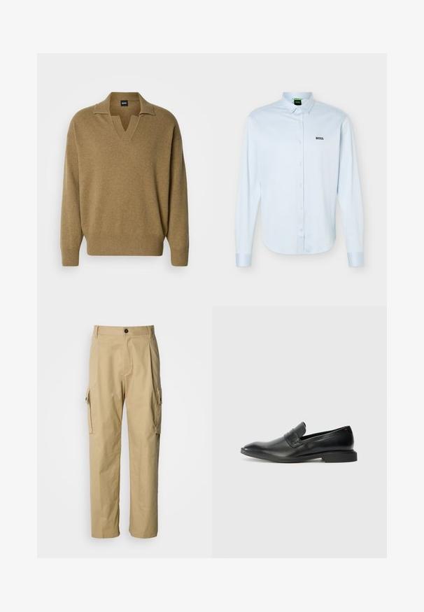 Pull en maille brun surdimensionné avec un col en V et des poignets côtelés. Confectionné en tissu doux avec une finition texturée et une coupe décontractée.; Chemise bleu clair à manches longues, boutonnée avec col, logo noir "BOSS" sur le côté gauche de la poitrine, et poignets avec boutons.; Pantalon cargo beige en tissu résistant, avec une coupe décontractée, des poches latérales et une fermeture par bouton à la taille.; Mocassins en cuir noir avec une texture lisse, un nez pointu et un petit talon rectangulaire. Présente un détail de bande horizontale sur le dessus.