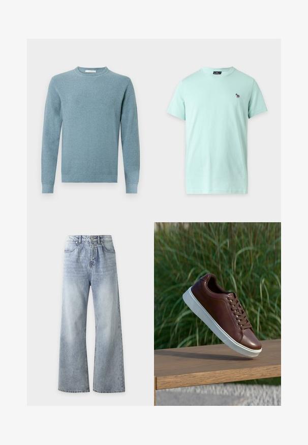 Pull bleu clair texturé avec un col rond et des manches longues. Les poignets et l'ourlet côtelés ajoutent une touche subtile au design.; T-shirt bleu clair à manches courtes et col rond avec un petit logo zèbre coloré brodé sur le côté gauche de la poitrine.; Jean bleu clair taille haute à jambes larges avec poches avant, fermeture à boutons et délavage sur les cuisses et les genoux.; Baskets en cuir marron avec semelle en caoutchouc blanche, design à lacets, texture lisse, bout arrondi et détails de couture subtils.