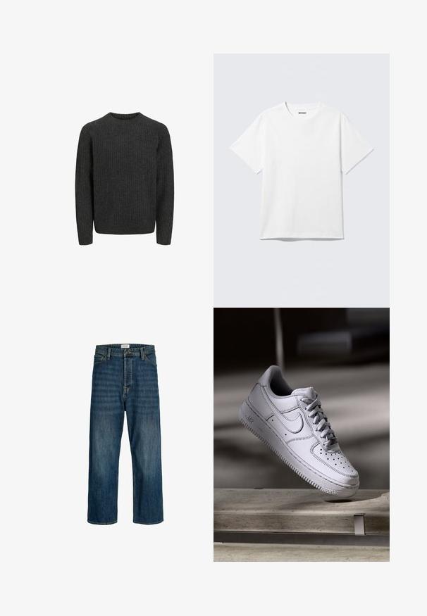 Mørkegrå ribbede sweater med lange ærmer og rund halsudskæring, lavet af tekstureret strikmateriale. Enkel og klassisk design.; Hvid kortærmet crewneck T-shirt lagt fladt ud, ensfarvet design, med "WEEKDAY" mærkat inde i kraven på en lys baggrund.; Denim jeans i en mørkeblå vask med lige ben pasform. Funktioner inkluderer en knaplukning, bæltesløjfer og syning accenter.; Hvid læder Nike Air Force 1 sneaker med perforeret tå, flade snørebånd og tekstureret gummisål med "AIR" branding på siden.