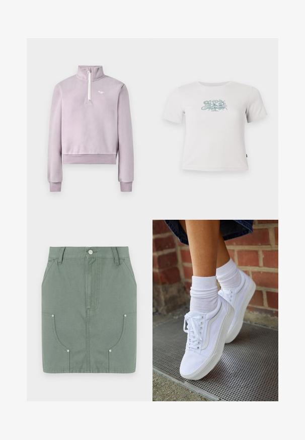 Pull-over en polaire lavande avec demi-fermeture éclair à l'avant, col haut, poignets et ourlet côtelés, et petit logo blanc sur la poitrine, posé à plat sur un fond blanc.; T-shirt blanche courte à côtes avec des manches courtes et un petit motif floral vert centré sur la poitrine.; Jupe en coton vert avec un design ajusté, dotée de poches avant, d'une texture lisse et de détails en métal sur les poches.; Baskets en toile blanches avec semelles en caoutchouc, dotées de six œillets, d'un bout rond et de détails de couture légers, portées avec des chaussettes blanches mi-mollet.