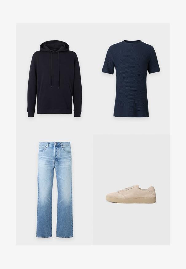 Sweat à capuche noir avec poche avant, manches longues, poignets côtelés et capuche ajustable avec cordon, présenté sur un fond uni.; T-shirt en maille texturée bleu marine pour homme, à manches courtes et col rond, présenté sur un fond uni.; Jean en denim bleu clair avec coupe droite, design à cinq poches, fermeture par bouton et légère décoloration sur les cuisses et les genoux.; Baskets en daim beige avec un bout rond, des lacets plats et une semelle en caoutchouc texturé. Design minimaliste avec des bords lisses et des coutures discrètes.