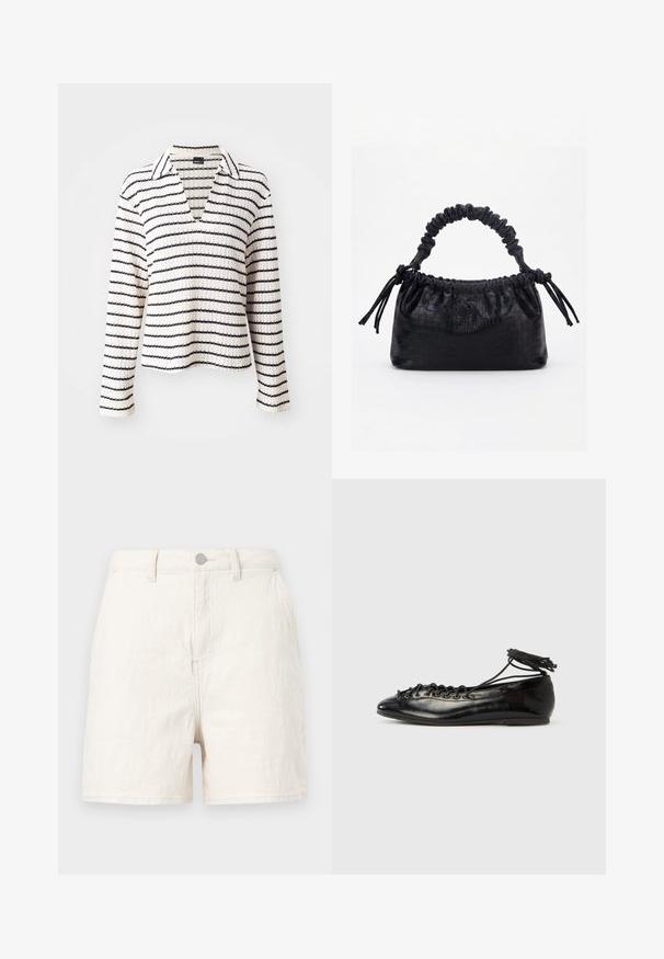 Krave langærmet top i creme med marineblå vandret striber. Materialet ser tekstureret ud, med V-hals og afslappet pasform.; Højttaljede off-white denimshorts med forreste knap og bæltestropper, der har et rent, enkelt design uden synlige slidspor eller mønstre.; Sorte balletflade sko i laklæder med rundet tå, snørelukning og flad sål. Glat tekstur med få detaljer.; Sort taske med krokodilletekstur, rynket øverste kant, samlet hank og snore med kvaster på hver side mod en hvid baggrund.