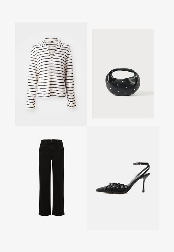 Krave langærmet top i creme med marineblå vandret striber. Materialet ser tekstureret ud, med V-hals og afslappet pasform.; Sorte denim straight-leg jeans med høj talje, der har frontlommer, knaplukning og rene linjer uden pynt.; Sort spids hæl med bølgede kanter, metaløjer, snørelukning foran og ankelrem med spænde.; Sort læderhåndtaske med en rundet form, dekoreret med sølvnitter, og et kort håndtag. Glat tekstur og lynlåslukning.