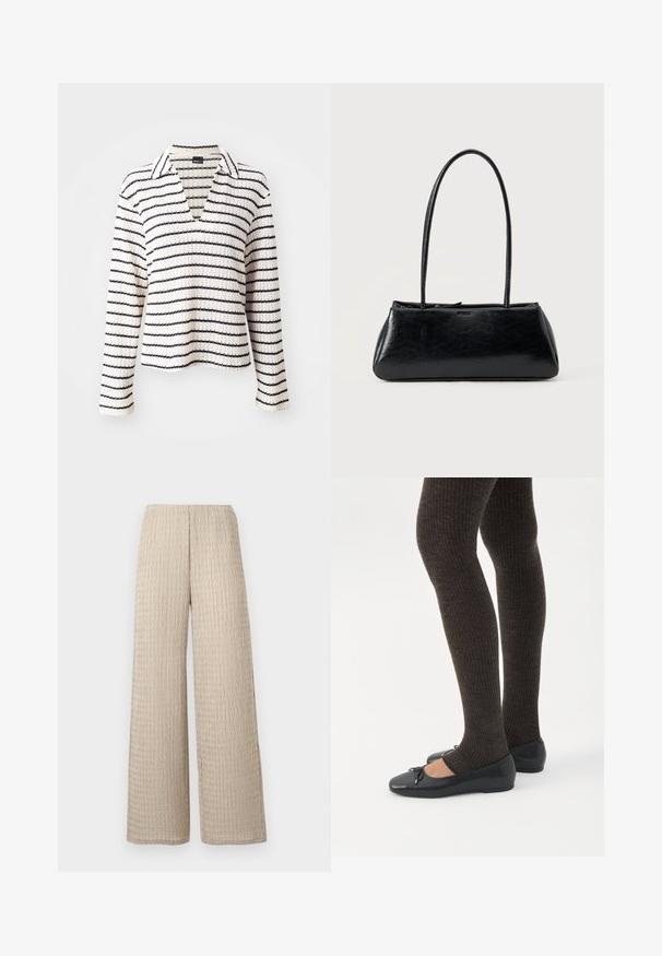 Blusa de manga larga con cuello en crema y rayas horizontales en azul marino. El material parece texturizado, con un escote en V y un corte relajado.; Pantalones de pierna ancha beige con un sutil patrón texturizado ondulado y una cintura elástica, exhibidos sobre un fondo blanco.; Piernas con leggings oscuros acanalados combinados con bailarinas negras que presentan pequeños detalles de lazo sobre un fondo blanco.; Bolso de hombro rectangular negro con correas largas y delgadas y una textura lisa y brillante sobre un fondo liso.