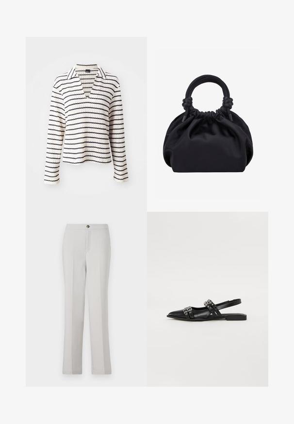 Blusa de manga larga con cuello en crema y rayas horizontales en azul marino. El material parece texturizado, con un escote en V y un corte relajado.; Pantalones rectos de color gris claro, confeccionados en una tela suave, que presentan un cierre frontal con botón, bolsillos laterales y un corte entallado.; Even&Odd Bailarinas con tira trasera - black; Bolso de tela negra suave con parte superior fruncida y asas redondeadas anudadas en la base, sobre un fondo claro y liso.