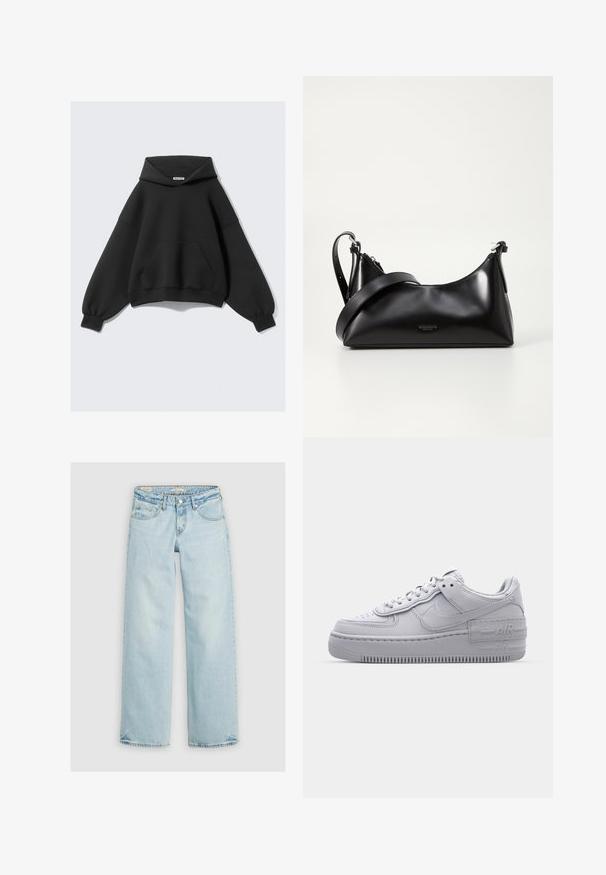 Sort hættetrøje med løs pasform, lange ærmer og en forlomme. Fremstillet af blødt stof med en glat tekstur.; Lyseblå jeans med vid benvidde, lavet af denim. Har klassisk fem-lomme-design, knaplukning og syning på lommerne.; Grå Nike Air Force 1 sneakers med perforeret tå, glat læderoverdel, tyk sål og præget 'AIR' detalje på hælen.; Sort læderhåndtaske med en glat tekstur. Har en justerbar stropp og et enkelt, minimalistisk design med lynlås.