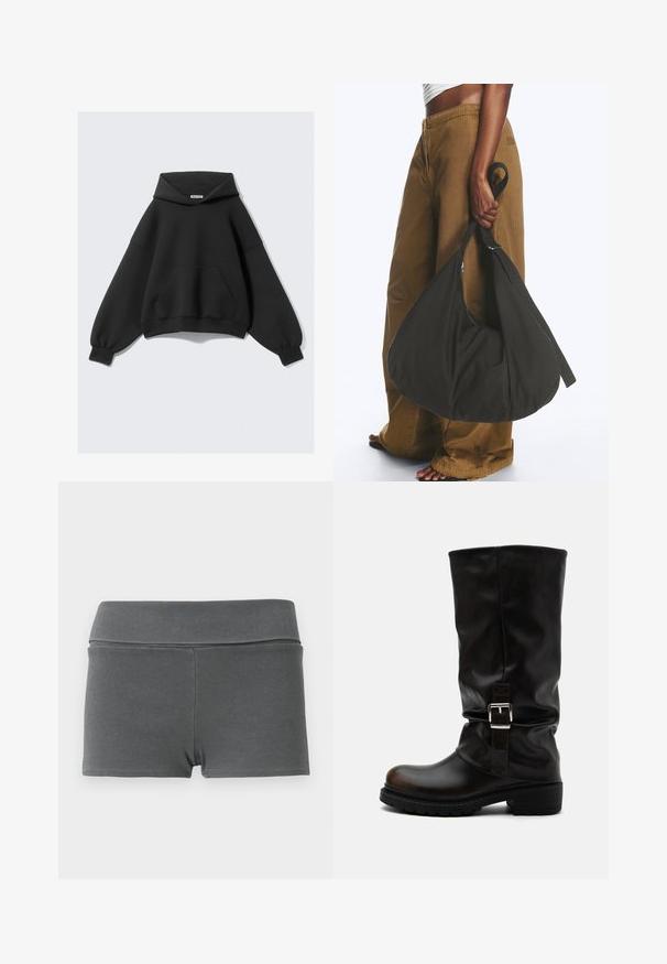Black hooded sweatshirt with a loose fit, long sleeves, and a front pocket. Made from soft fabric with a smooth texture.; Ribbed fabric shorts in dark grey with a wide waistband. Features a fitted design, smooth texture, and no visible hardware or accents.; Tall black leather boot with rounded toe, low heel, side buckle strap, and slightly slouched shaft on a white background.; Person wearing brown wide-leg pants and white top holding a large black slouchy handbag by its strap at their side.