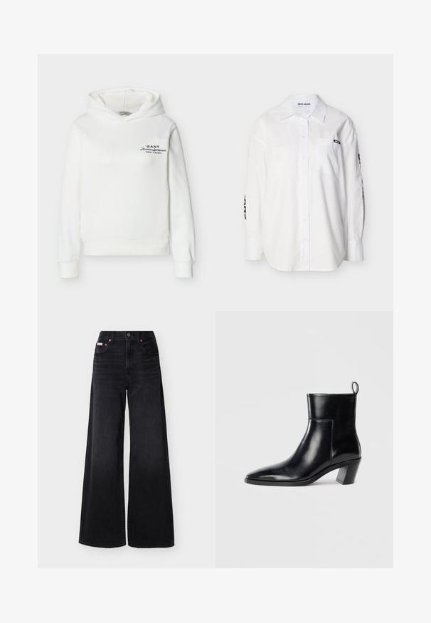 Sweat à capuche blanc à manches longues avec texte noir « GANT American sportswear New Haven » sur le côté gauche de la poitrine.; Chemise blanche à manches longues avec col, poche avant, et étiquette noire "DKNY JEANS" sur la poche et les manches.; Jean noir à jambes larges avec taille haute, fermeture avant par boutons et fermeture éclair, passants pour ceinture, et design à cinq poches.; Bottine en cuir noir avec un bout pointu, un talon empilé géométrique et une languette à l'arrière. Texture lisse et design épuré.