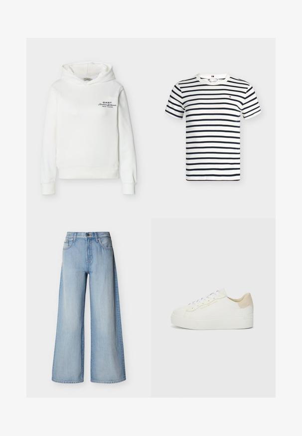 Sweat à capuche blanc à manches longues avec texte noir « GANT American sportswear New Haven » sur le côté gauche de la poitrine.; T-shirt blanc à manches courtes et col rond avec des rayures horizontales bleu marine et un petit logo rouge, blanc et bleu marine sur la poitrine.; Jean large bleu clair en tissu denim, taille haute avec fermeture à bouton, présentant un design classique à cinq poches et des détails cousus.; Baskets blanches en cuir avec un talon en daim beige texturé. Elles présentent des lacets blancs plats et un branding doré subtil sur le côté.