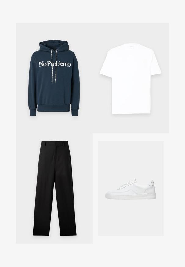 Sweat-shirt à capuche bleu marine avec le texte "No Problemo" en blanc, comportant un cordon de serrage avec des motifs noir et blanc et des poignets côtelés.; T-shirt en coton blanc avec un col rond, des manches courtes et une coupe décontractée. Texture lisse, détails minimaux, sans motifs ni graphiques.; Pantalons noirs en coton avec une coupe droite, dotés d'une fermeture à bouton à l'avant et de poches latérales. Texture lisse, sans motifs.; Baskets basses blanches avec un design à lacets, dessus en cuir lisse et semelle épaisse, montrées de profil sur un fond uni.