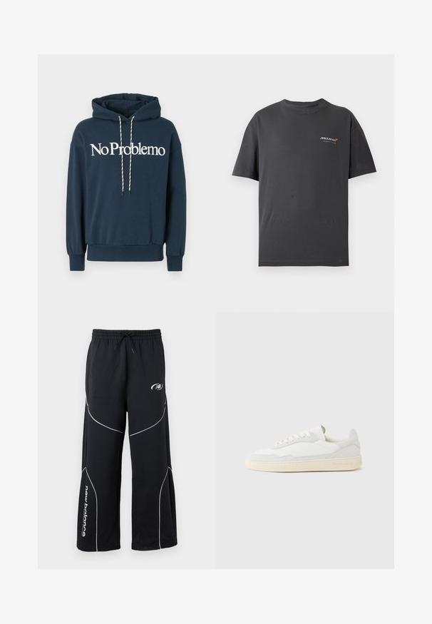 Navyblauwe hoodie met de tekst "No Problemo" in het wit, voorzien van een trekkoord met zwart-witte patronen en geribbelde manchetten.; Donkergrijs T-shirt met korte mouwen met klein wit en oranje McLaren Formule 1 Team-logo op de linkerborst.; Zwarte wijde New Balance trainingsbroek met witte bies, elastische tailleband, trekkoord, zijzakken en logo op been en heup.; Witte sneaker met een bovenwerk van gestructureerd suède en leer. Voorzien van een afgeronde neus, vetersluiting en een contrasterende beige rubberen zool.