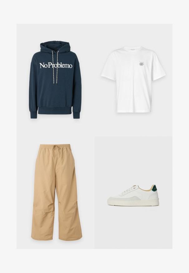 Navyblauwe hoodie met de tekst "No Problemo" in het wit, voorzien van een trekkoord met zwart-witte patronen en geribbelde manchetten.; Witte t-shirt van katoen met korte mouwen, een ronde hals, en een klein grijs logo op de linker borstzijde. Soepele textuur.; Beige wijde broek gemaakt van lichtgewicht stof, met een elastische tailleband en een trekkoord, en gestikte accenten nabij de zoom.; Witte sneaker met suède accenten, ronde neus, platte veters en een crème rubberen zool. Bevat groene branding op de hiel.