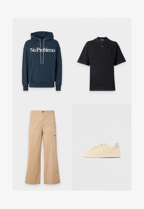Navyblauwe hoodie met de tekst "No Problemo" in het wit, voorzien van een trekkoord met zwart-witte patronen en geribbelde manchetten.; Zwarte T-shirt met korte mouwen en een ronde hals, met contrasterende stiksels en een klein logo op de borst. Glad, rekbaar materiaal.; Beige katoenen cargo broek met een wijde pijp, voorpockets en een logo op de achterzak. Lichtgewicht stof met een gladde textuur.; Beige lage sneaker met veters aan de voorkant, lichtroze zool en een grijze hieltab met het merk "Filling Pieces", zijaanzicht op een effen achtergrond.