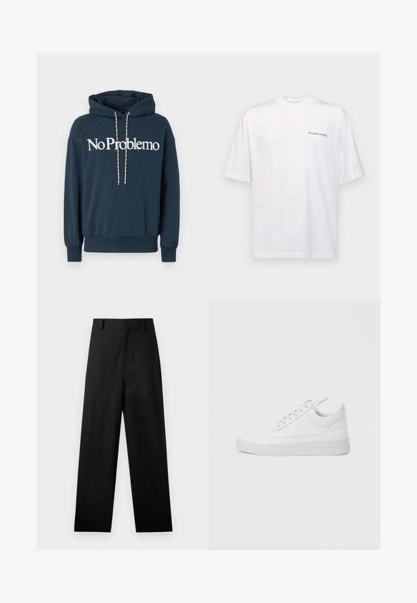 Marineblaues Kapuzensweatshirt mit dem Text "No Problemo" in Weiß, ausgestattet mit einer Kordel mit schwarz-weißen Mustern und gerippten Bündchen.; Weißes kurzärmliges T-Shirt aus Baumwolle mit V-Ausschnitt, mit einem schwarzen "FILLING PIECES" Logo, das auf der linken Seite gedruckt ist.; Schwarze Baumwollhosen mit geradem Bein, ausgestattet mit einem vorderen Knopfverschluss und Seiten Taschen. Glatte Textur, keine Muster.; Weißer Ledersneaker mit abgerundetem Zehenbereich, flacher Sohle und Schnürverschluss. Verfügt über Nahtdetails und einen gepolsterten Kragen für zusätzlichen Komfort.
