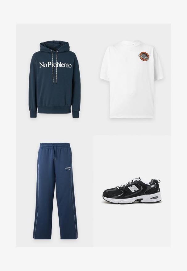Navyblauwe hoodie met de tekst "No Problemo" in het wit, voorzien van een trekkoord met zwart-witte patronen en geribbelde manchetten.; Wit T-shirt met korte mouwen met een kleine ronde patch met ruimte-thema, met een raket en de tekst “High Balance Athletics Since 1908” op de borst.; Marineblauwe New Balance sportbroek met witte bies, elastische tailleband en trekkoordsluiting.; Zwarte en grijze sport schoenen met een bovenwerk van mesh en suede, voorzien van een witte tussenzool, veters en een gedurfde "N"-logo aan de zijkant.